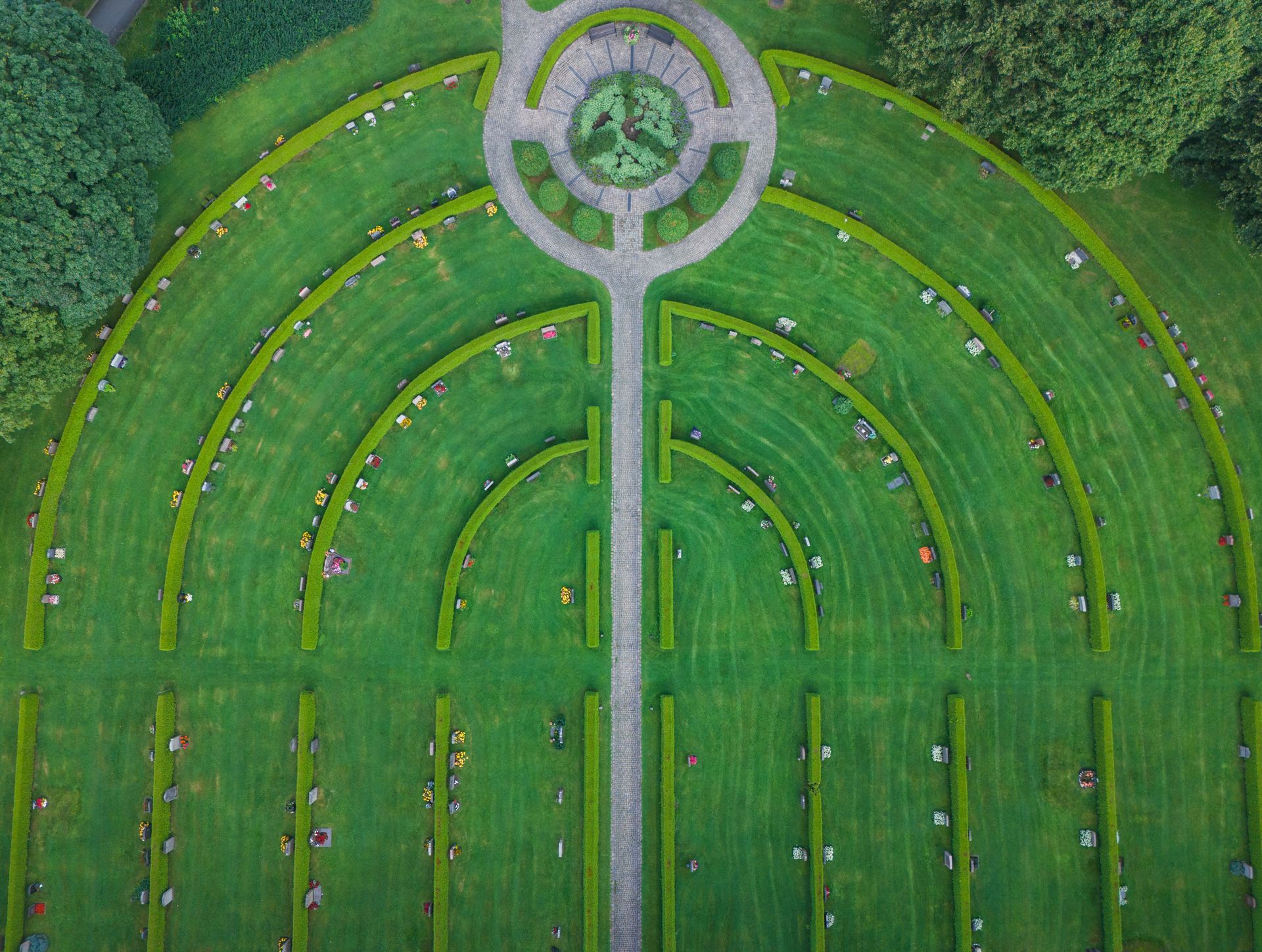 Aerial shot of a circular garden design with pathways in Jönköping, Sweden.