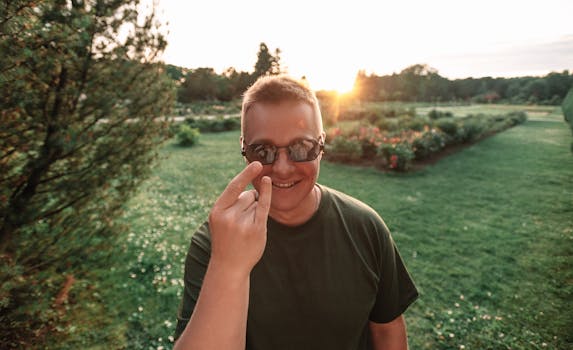 A relaxed man smiles with sunglasses in a sunlit park, showcasing a carefree attitude.