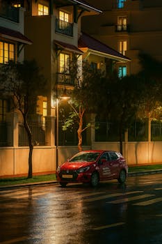A serene street in Phu Quoc, Vietnam, featuring a parked car on a rainy night under glowing streetlights.