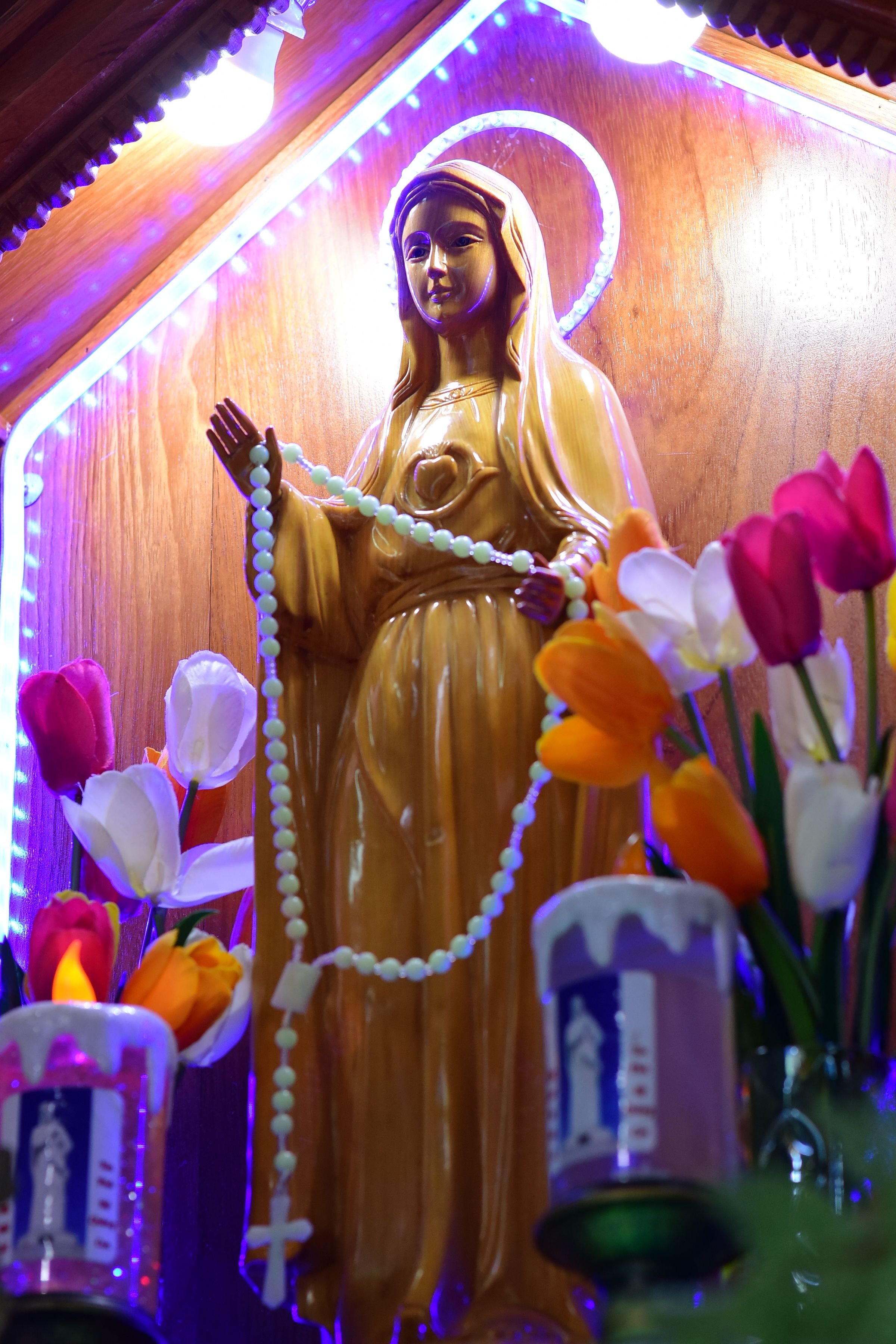 Statue of Virgin Mary holding rosary, surrounded by vibrant tulips and candles in a shrine.