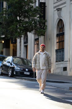 A fashionable man in casual wear walking along a sunny street in New Zealand.
