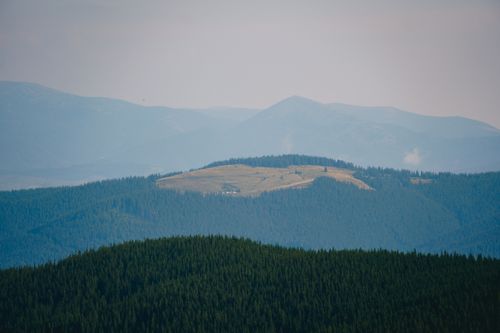 Free Serene mountain landscape with lush forests and distant peaks under a clear sky. Stock Photo