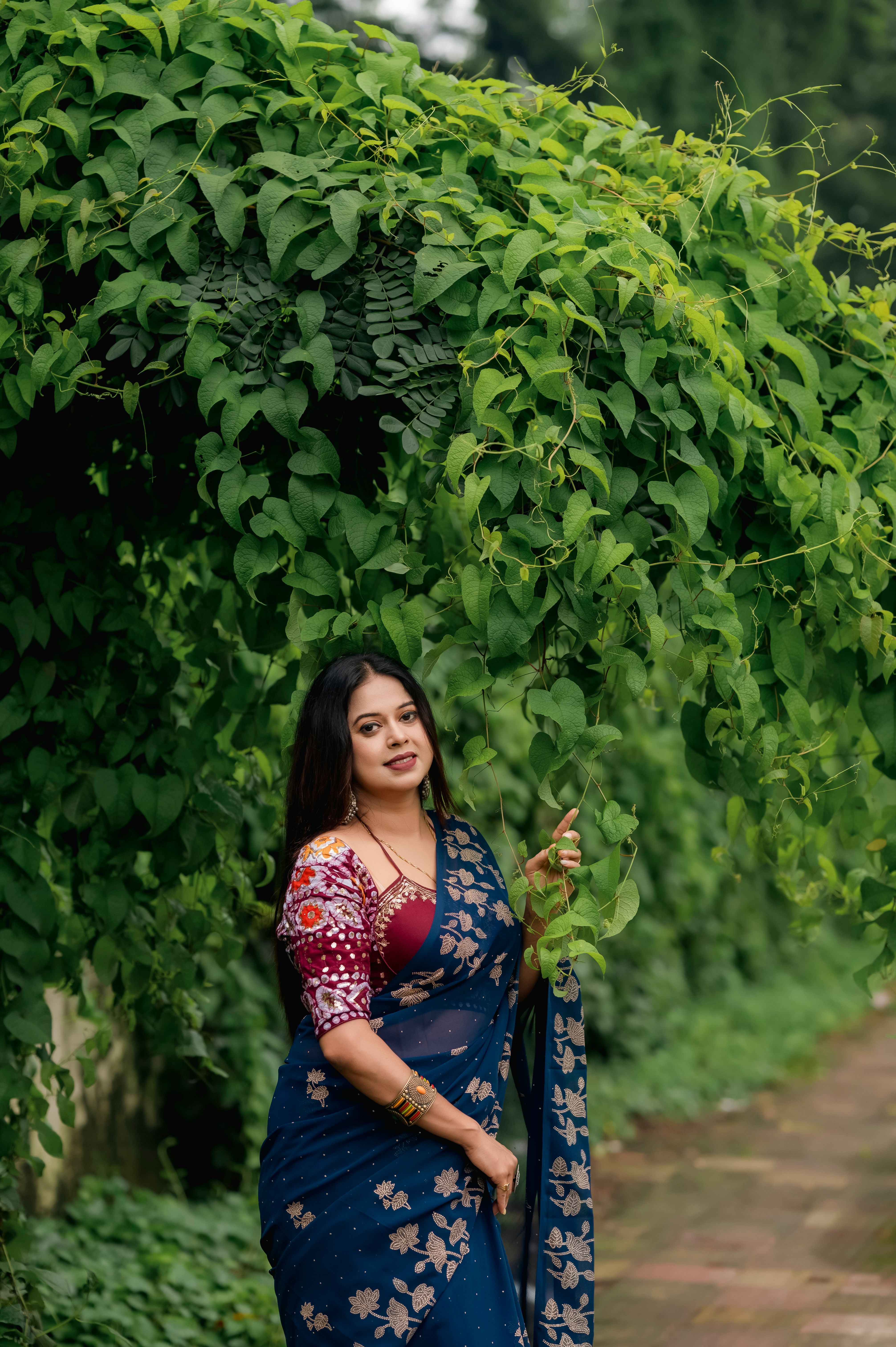 Elegant Woman Posing in Blue Sari Outdoors · Free Stock Photo