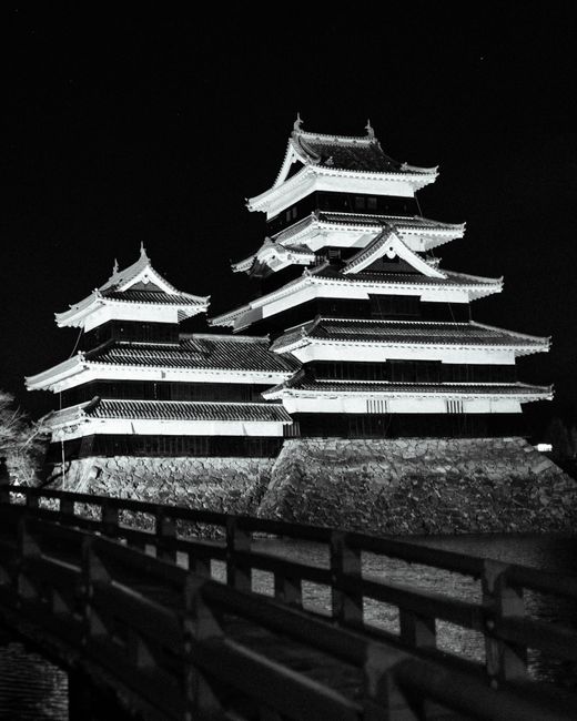 Black and white night photo showcasing a traditional Japanese castle's intricate architecture.