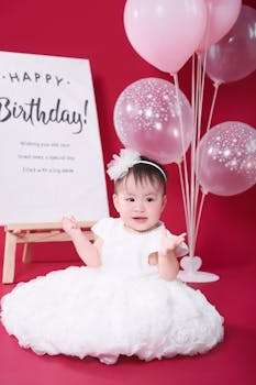 Cute baby in white dress celebrating birthday with pink balloons and sign.