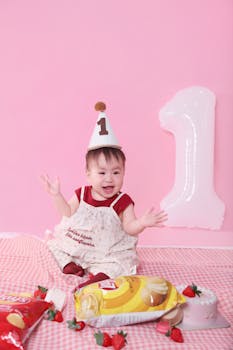 Cute baby celebrating first birthday with cake and decorations.