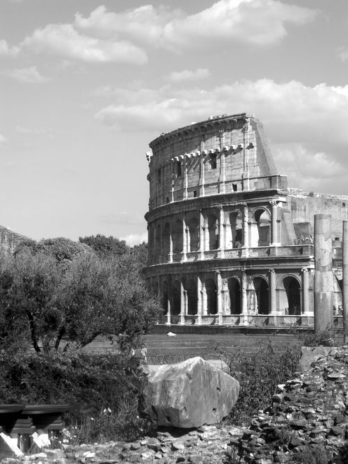 Free Black and white photo of the Colosseum in Rome, capturing its historic architecture. Stock Photo