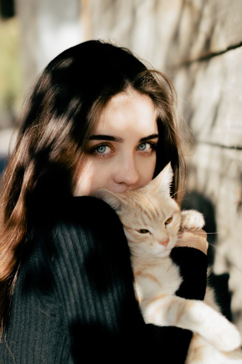 Free A young woman affectionately hugs a ginger cat outdoors in soft natural light. Stock Photo