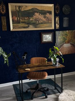Elegant home workspace featuring a desk, plants, and framed art on navy walls.