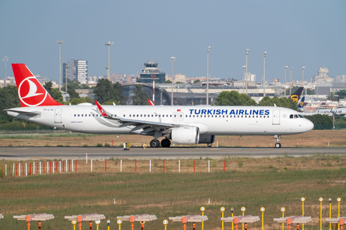 Free Turkish Airlines Airbus A321neo on the runway at Manises airport, ready for takeoff with a clear, sunny sky. Stock Photo