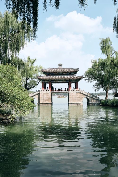 Free A beautiful traditional Chinese pavilion over a serene lake surrounded by lush greenery on a sunny day. Stock Photo