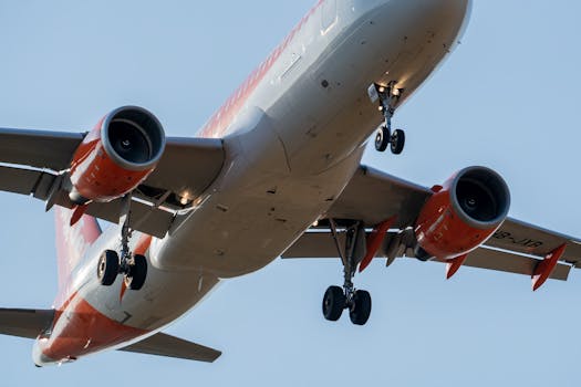 Detailed view of an airplane landing at Manises Airport, Valencia, Spain. Clear sky background.