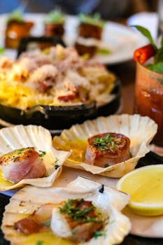Delicious seafood platter with fresh scallops and pasta, served in a Dublin restaurant.