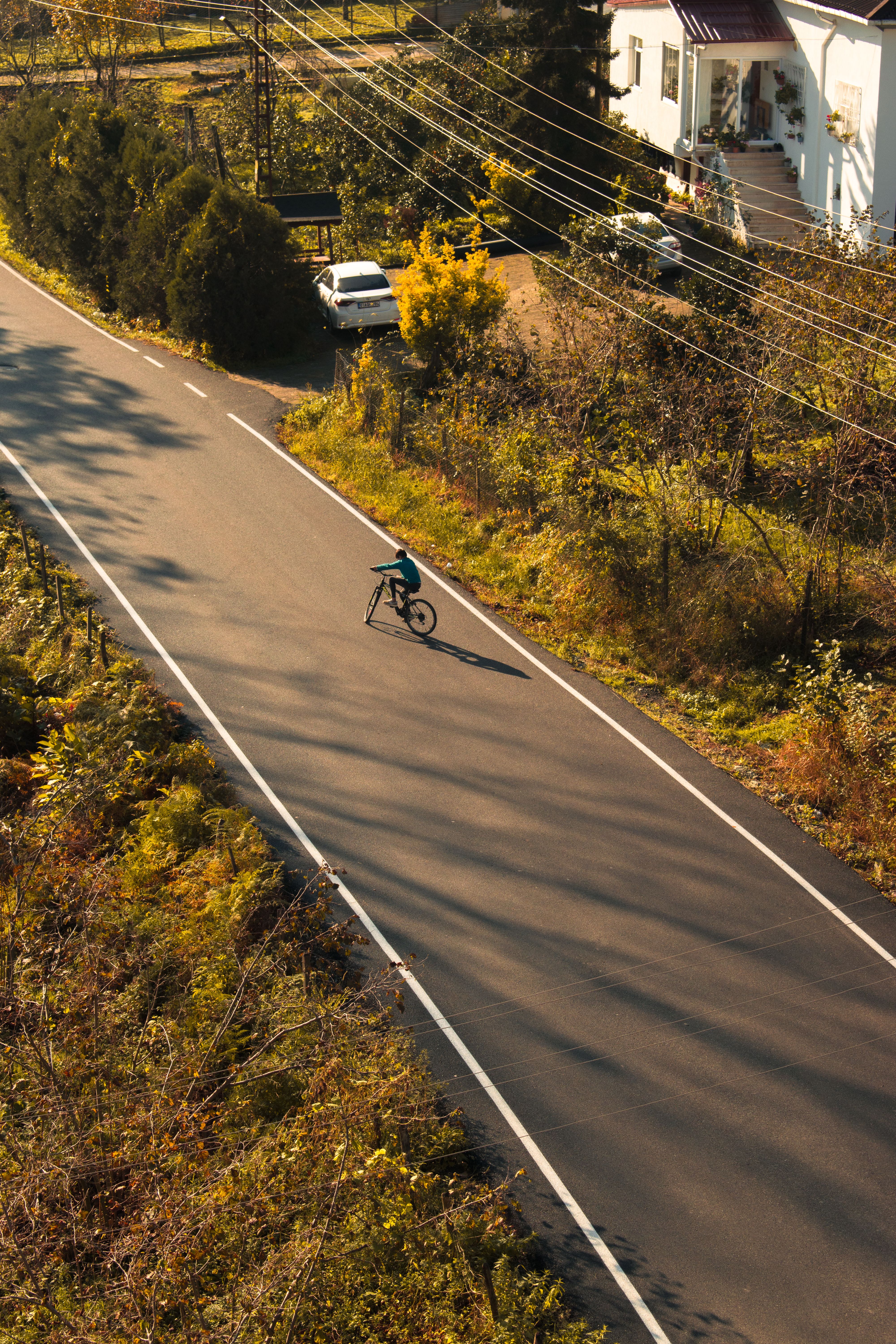An aerial view of a cyclist on a calm country road surrounded by nature during sunset.