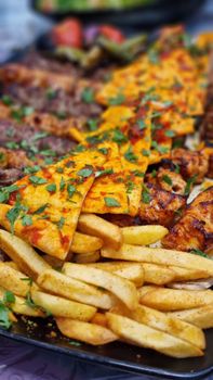 Close-up of a delicious mixed grill platter with fries and herbs, perfect for food enthusiasts.