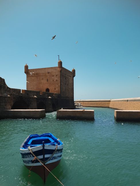 A vibrant scene of a fortress and a blue boat under a clear sky in Essaouira, Morocco.
