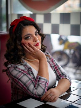 Portrait of a woman with vintage style in a retro café, exuding classic charm.