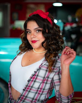 Woman in retro fashion pose with classic car. Vibrant colors accentuate vintage style.