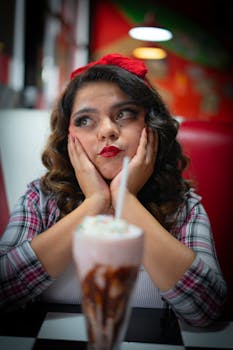 Young woman with milkshake in retro diner, deep in thought.