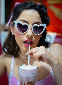 Trendy woman with heart-shaped sunglasses sipping a colorful milkshake in a retro diner.