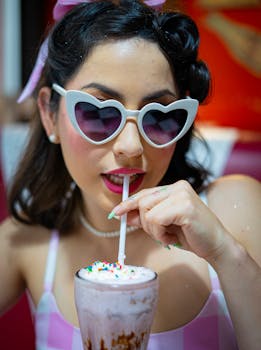 Woman with heart-shaped sunglasses sipping milkshake, retro vibe.