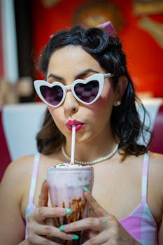 Woman with vintage style savoring a milkshake in a retro diner setting.