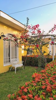 Yellow house with vibrant garden, flowers, and white patio chair.