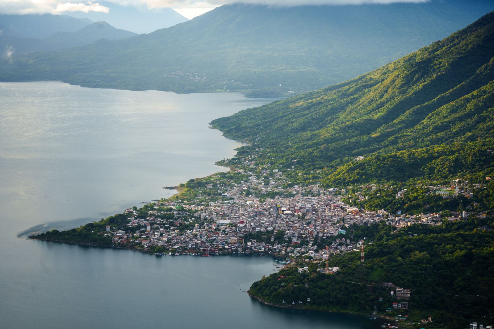 Aerial view of Lake Atitlan and the surrounding lakeside town in the Guatemalan highlands