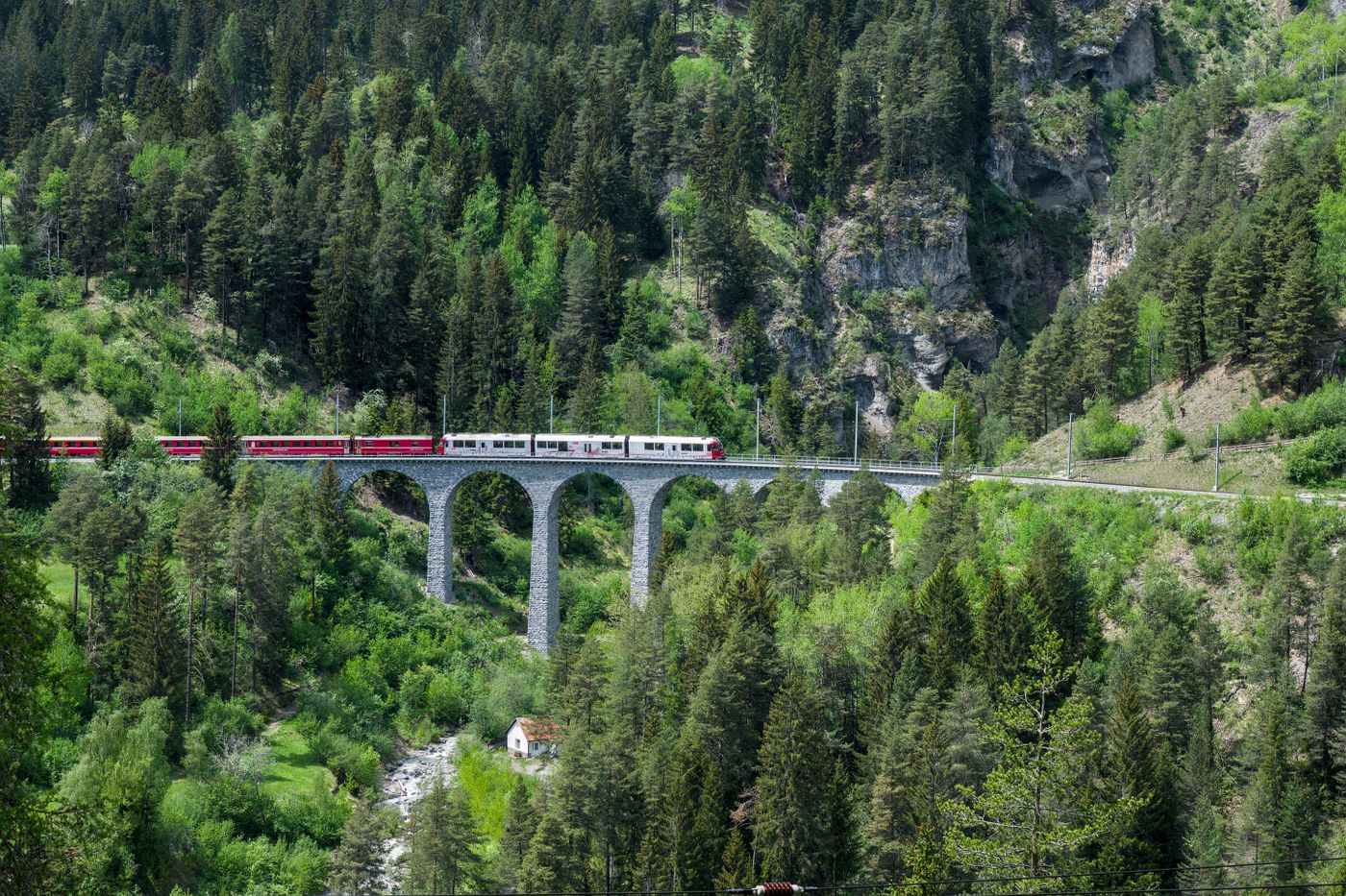 A train crossing the Landwasser Viaduct in Switzerland amid forested slopes