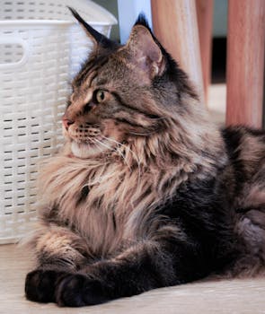 Close-up of a majestic Maine Coon cat lounging indoors, showcasing its thick fur and attentive gaze.
