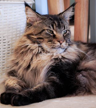 A beautiful Maine Coon cat with long fur relaxing indoors on a sunny day.