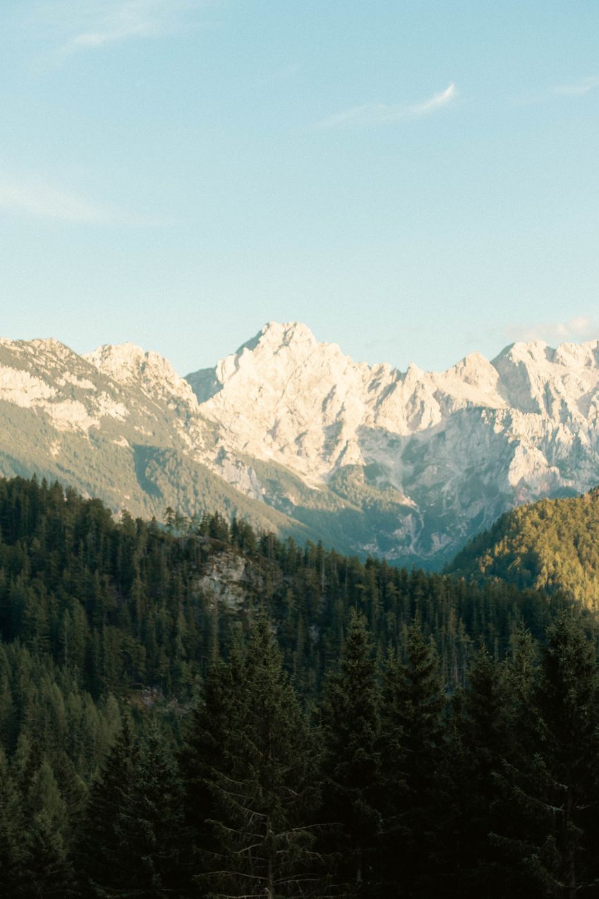 Breathtaking view of Slovenian mountains with lush forests under a clear summer sky.