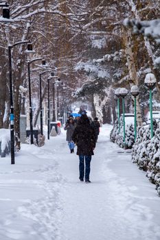 Snow-covered pathway in Erzurum with people walking, surrounded by trees.
