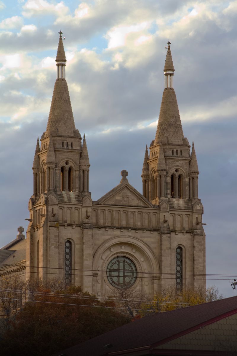 Sioux Falls Cathedral twin towers under a dramatic sky
