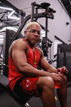 Strong man wearing red athletic gear at the gym, holding water bottle, focused on fitness.