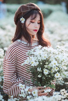 一位穿着条纹衬衫的年轻女子在户外拿着一束白雏菊