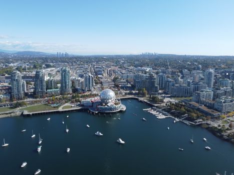 Aerial view of Vancouver's False Creek area highlighting Science World and surrounding infrastructure.