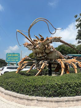 A large lobster statue in Key Largo, Florida, standing at the Rain Barrel Arts & Shops.