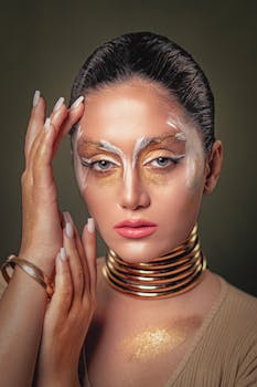Close-up of a woman with artistic gold makeup, wearing statement jewelry.