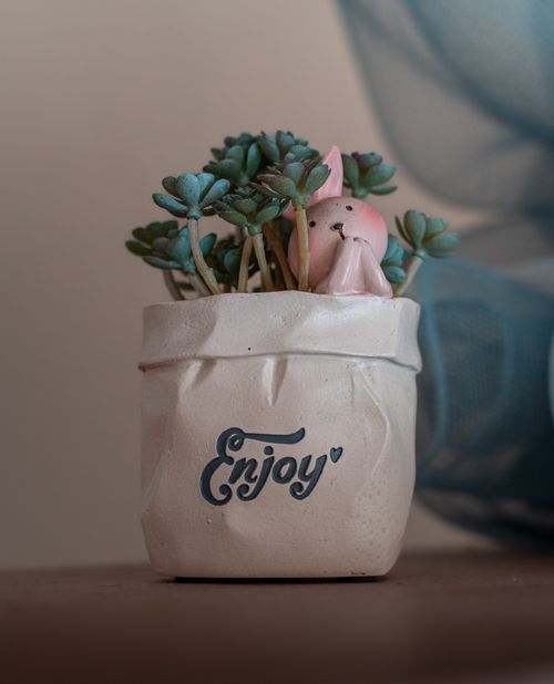 Free A delightful ceramic vase featuring succulents and a cute figure, perfect for adding charm to any room. Stock Photo