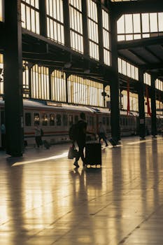 Silhouetted traveler with luggage inside Ankara train station during sunset golden hour.