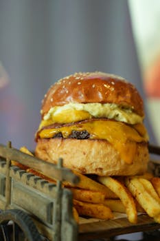 Close-up of a cheeseburger with fries in a rustic setting, showcasing vibrant colors and artisanal presentation.