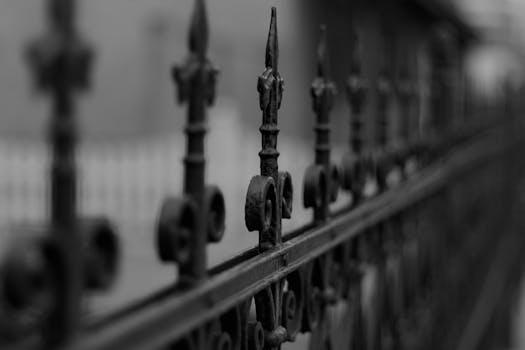 Artistic black and white photo of a decorative wrought iron fence with shallow depth of field.
