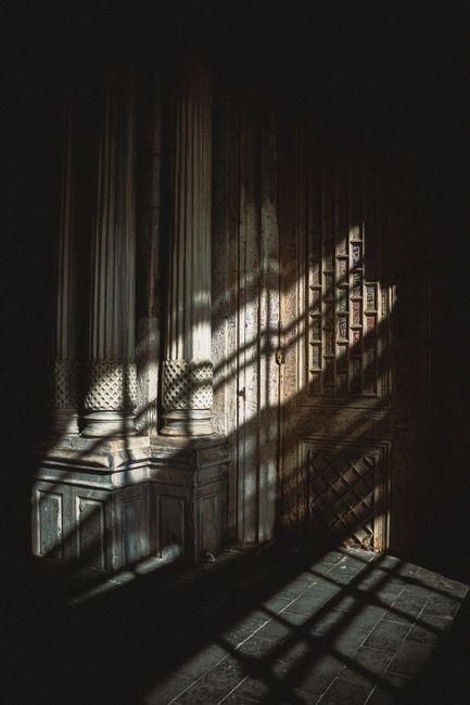 Sunlight casts intricate shadows on an ornate column and wall inside a historic building.