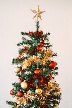 圣诞树以红色和金色装饰品为特色，并在顶端装饰星星