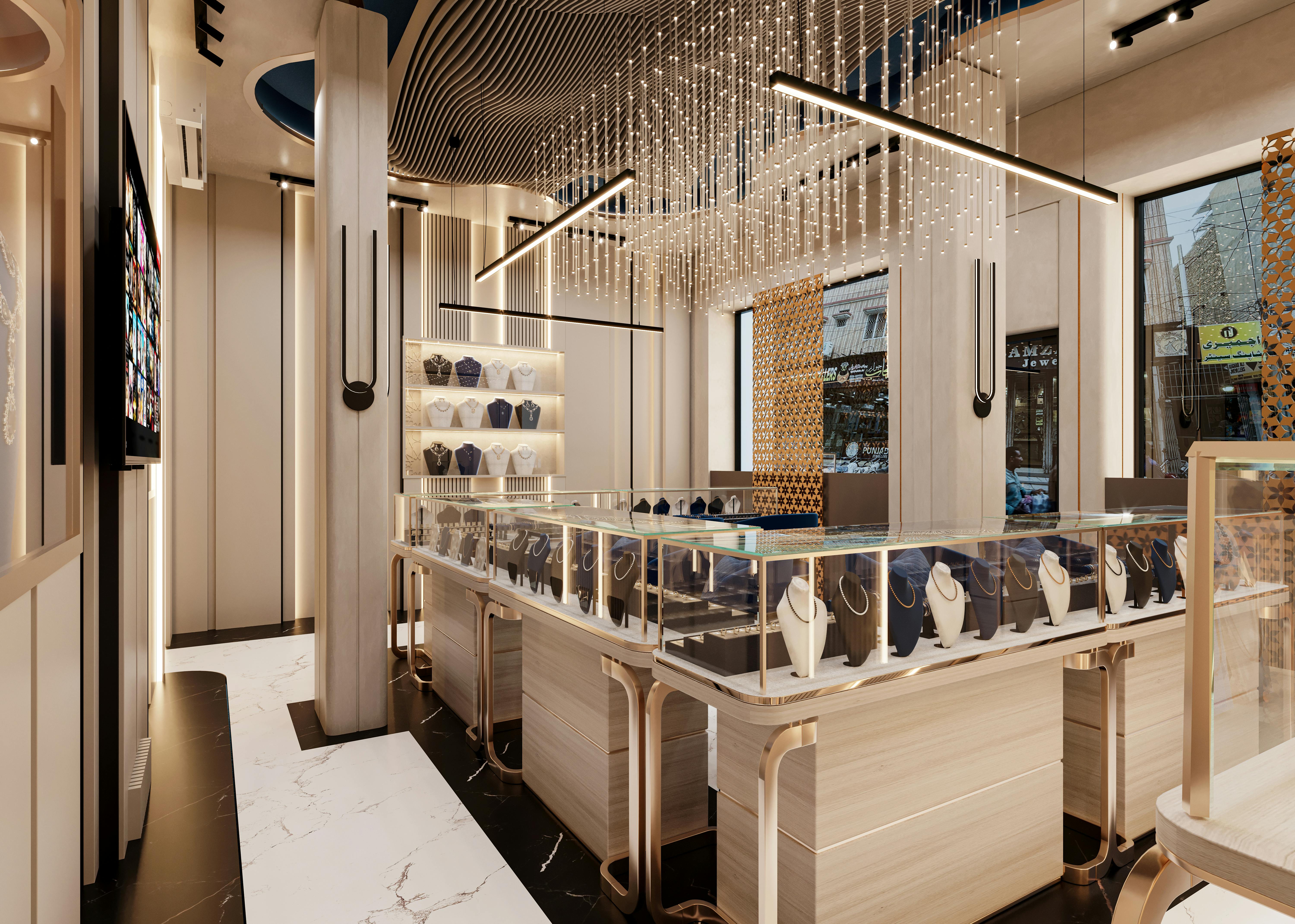 Modern glass showcases in upscale retail interior design
