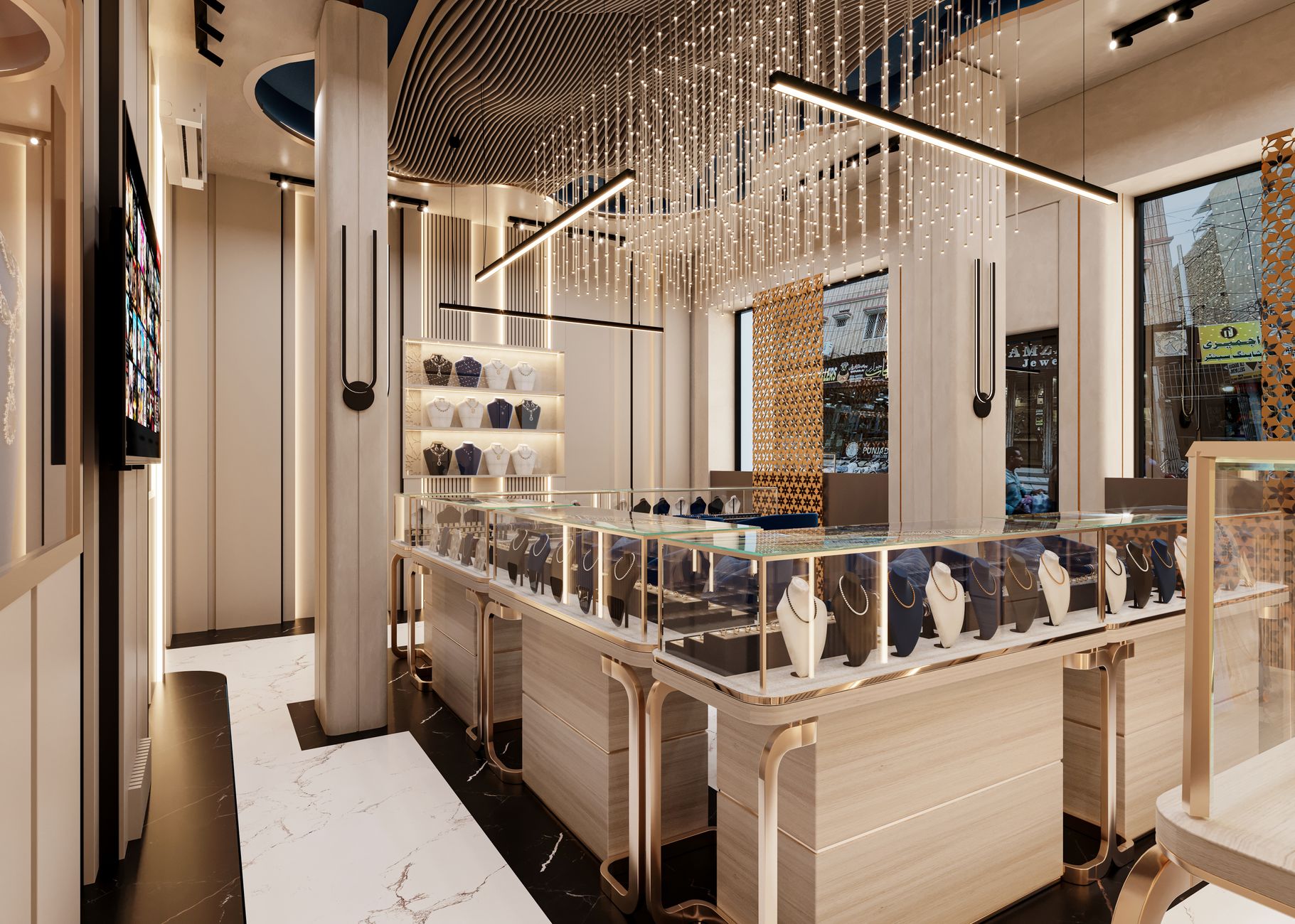 A stunning jewelry store interior featuring modern design with elegant lighting and showcases.