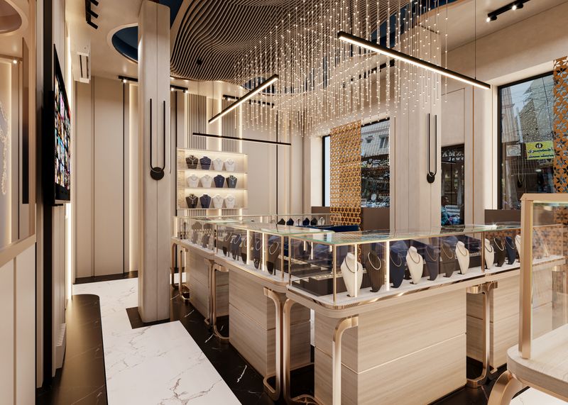 A stunning jewelry store interior featuring modern design with elegant lighting