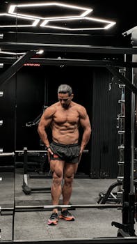 Muscular man standing in gym with modern lighting and equipment reflecting fitness lifestyle.