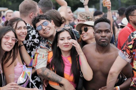 A cheerful group of friends celebrating at an outdoor festival, enjoying music and good company.